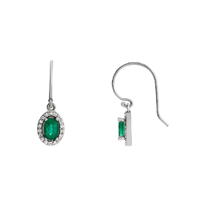 trendy silver earrings for women -Oval Emerald & Diamond Halo Dangle Earrings in 14k White Gold