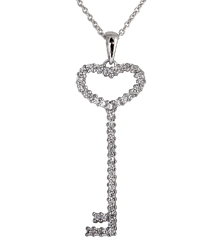 sapphire necklaces for women -Sterling Silver Thin Pavé Heart Key Necklace