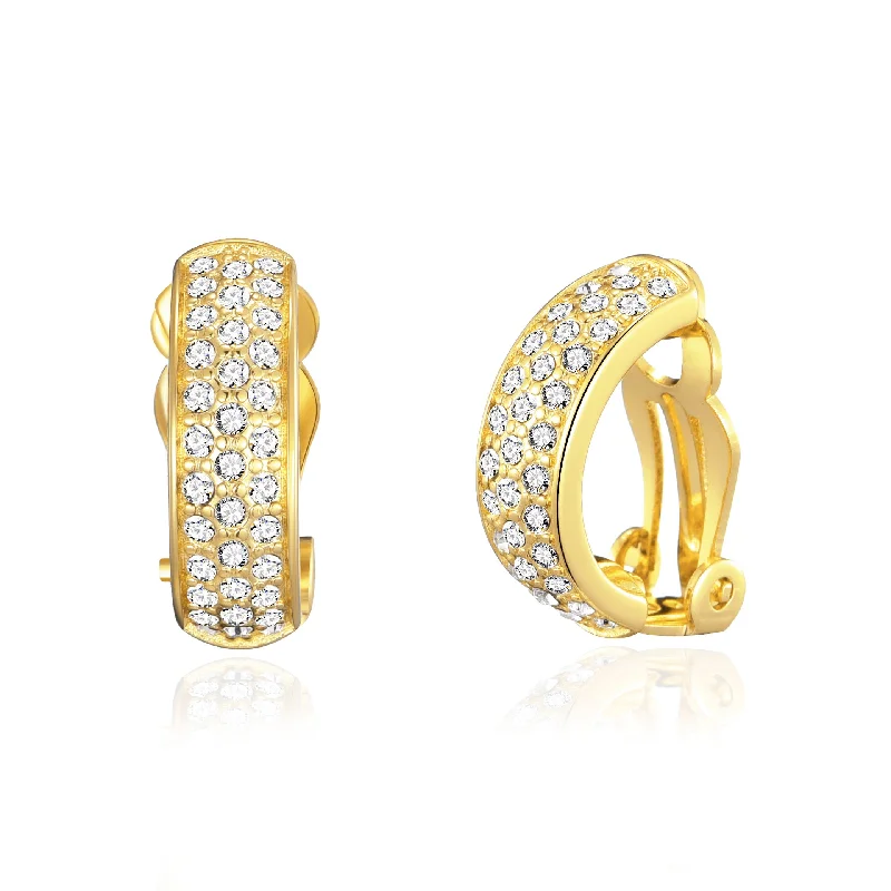 dangling pearl earrings for women -Gold Plated Pave Clip On Earrings Created with Zircondia® Crystals