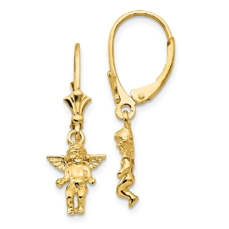 statement earrings for women -3D Mini Guardian Angel Lever Back Earrings in 14k Yellow Gold