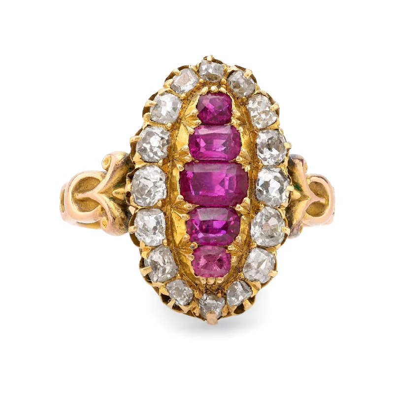 opal rings for women -Antique 2.40 carat ruby and diamond 18k yellow gold Navette ring