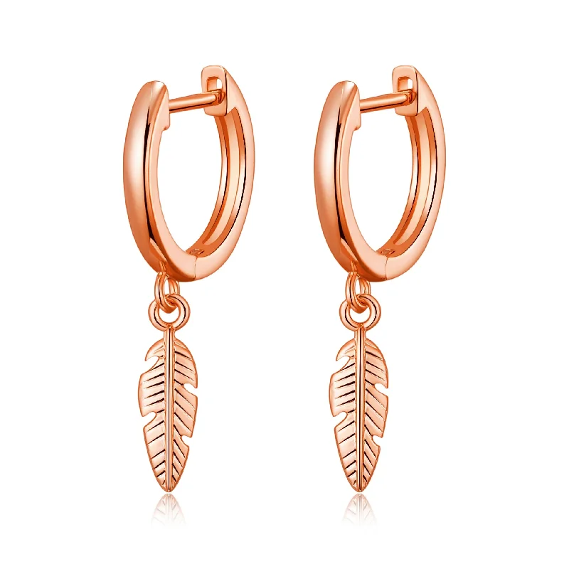 custom hoop earrings for women -Rose Gold Plated Feather Charm Hoop Earrings