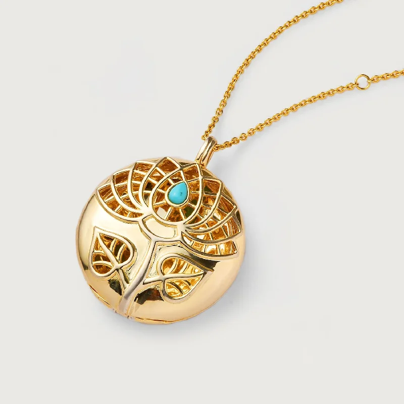 simple gold necklaces for women -Lotus Locket Necklace with Arizona Sleeping Beauty Turquoise