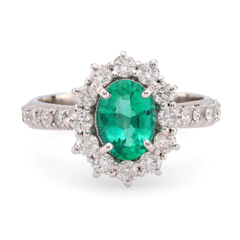 personalized wedding rings -GIA 1 carat oval cut emerald diamond 18k white gold cluster ring