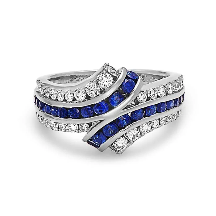 pearl rings for women -Charles Krypell "Krypell Collection" Diamond and Sapphire Bypass Ring in 18K White Gold