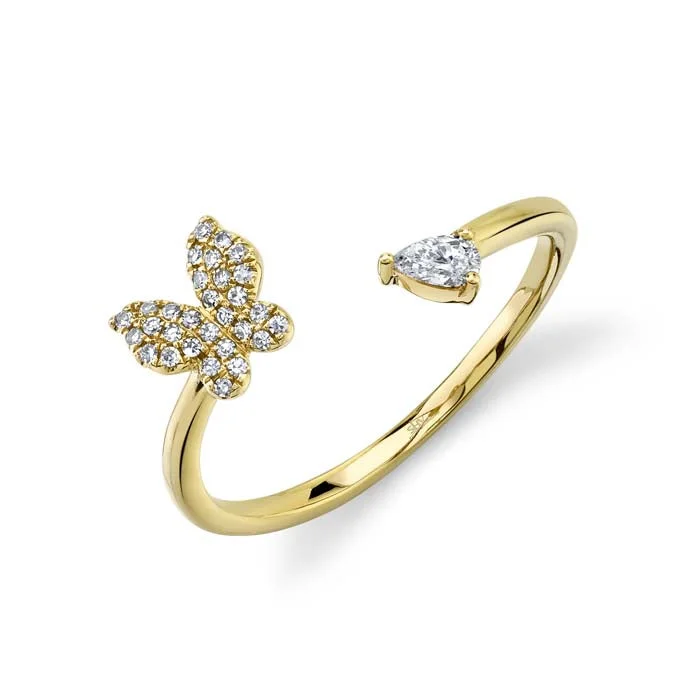 custom engagement rings -Shy Creation Pavé Butterfly with Pear Diamond Split Ring in 14K Yellow Gold