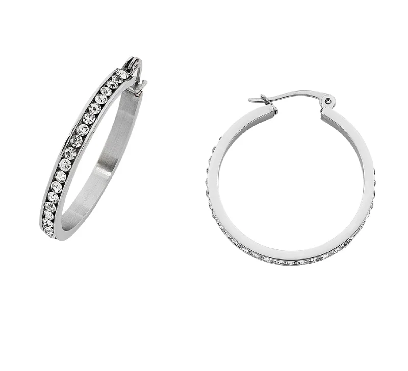 bold stud earrings for women -30mm White Stainless Steel Channel Crystal Hoop Earrings