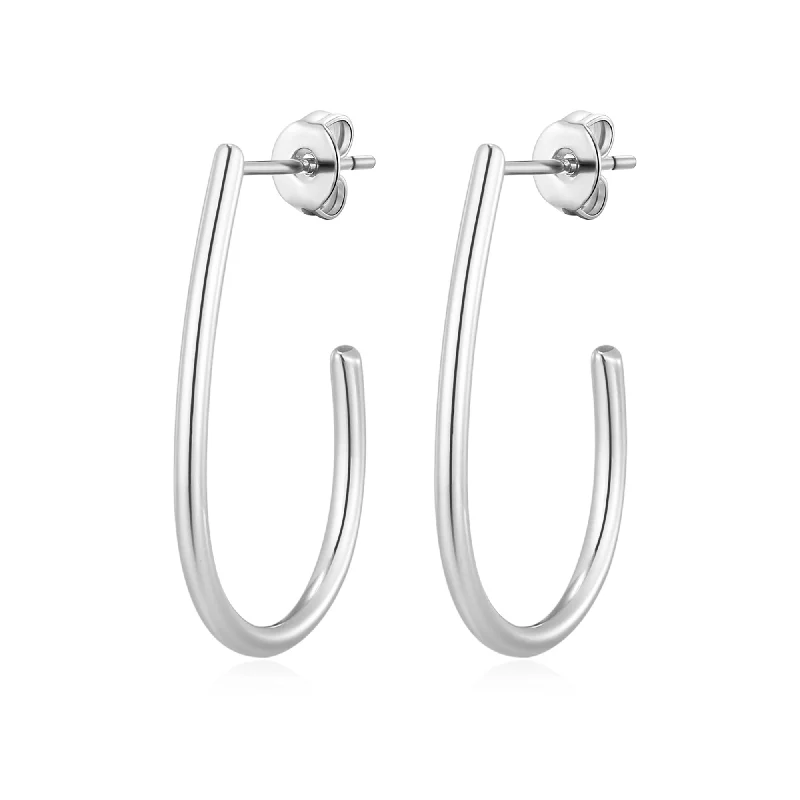 cute earrings for women -Silver Plated Oval Hoop Earrings