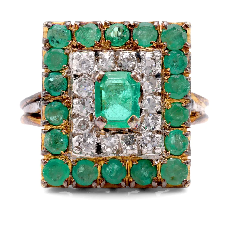 platinum rings for women -Belle Époque French Emerald Diamond 14K Yellow Gold Halo Ring