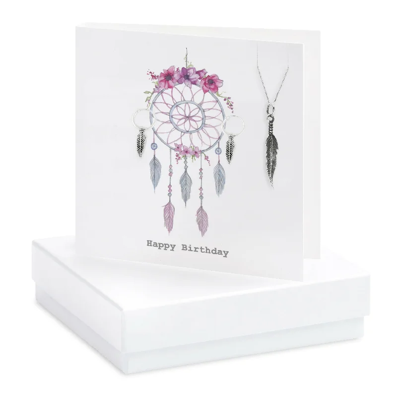 trendy necklaces for women -Sterling Silver Feather Necklace Earring Set - Birthday Gift - Dreamcatcher Card