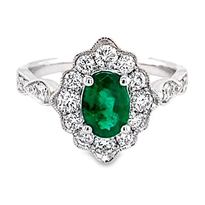 engagement ring sets -Mountz Collection Emerald and Diamond Halo Ring in 18K White Gold