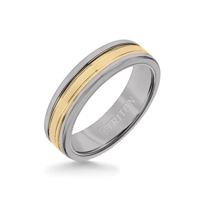 elegant engagement rings -6MM Grey Tungsten Carbide Ring - Double Engraved 14K Yellow Gold Insert with Round Edge