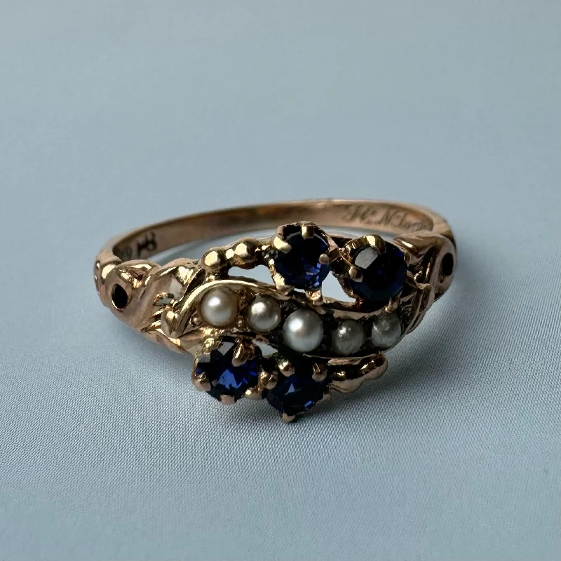 bridal rings for brides -Vintage Sapphire and Pearl Ring - 1909