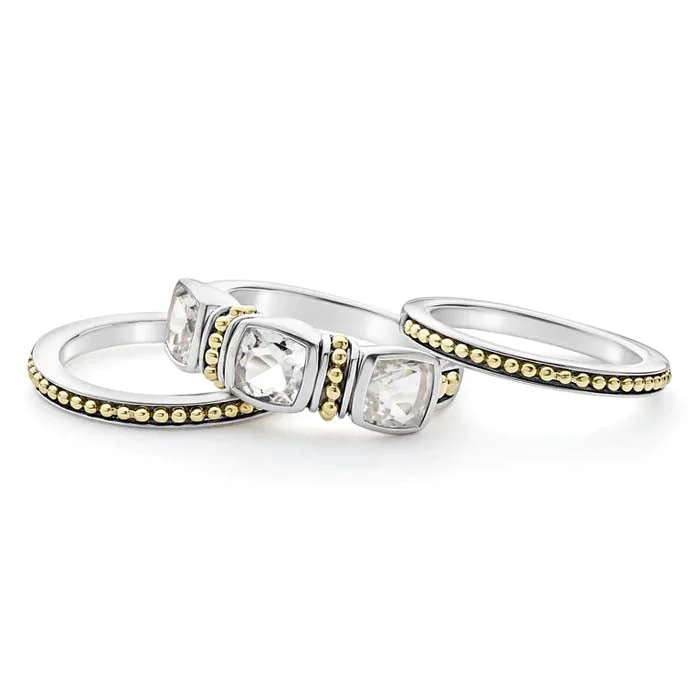 vintage diamond rings -LAGOS White Topaz Caviar Color Stacking Rings in Sterling Silver and 18K White Gold