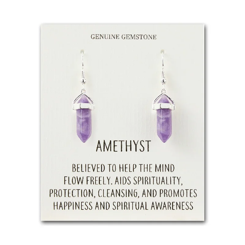 multi-colored earrings for women -Amethyst Gemstone Drop Earrings with Quote Card