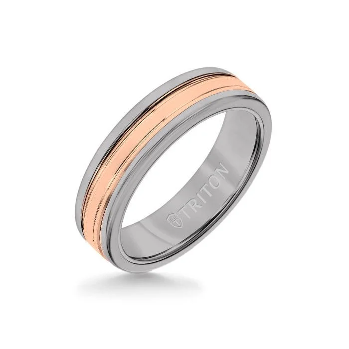 stylish wedding rings for women -6MM Grey Tungsten Carbide Ring - Double Engraved 14K Rose Gold Insert with Round Edge