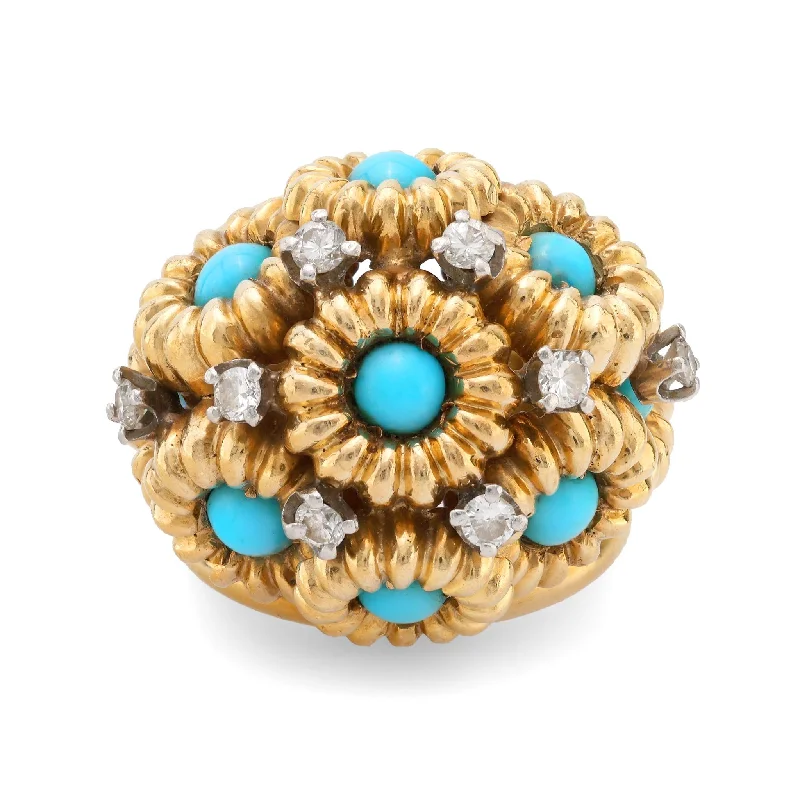 men’s style rings for women -Mid Century 18k yellow gold turquoise diamond cocktail ring