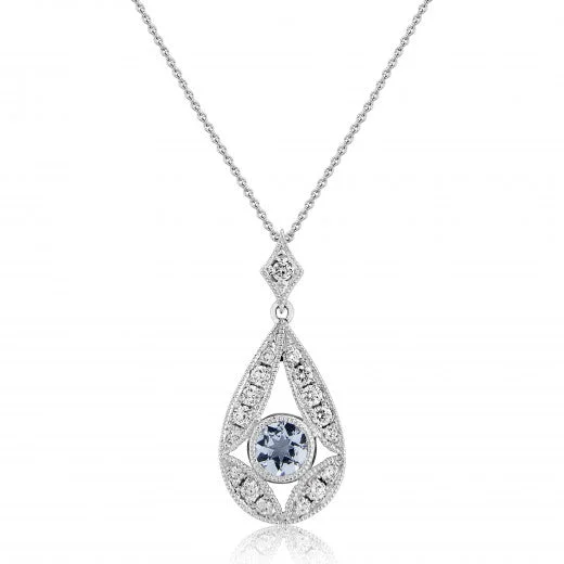 engraved silver necklaces for women -9ct White Gold Earth Grown Aquamarine & Diamond Teardrop Pendant Necklace