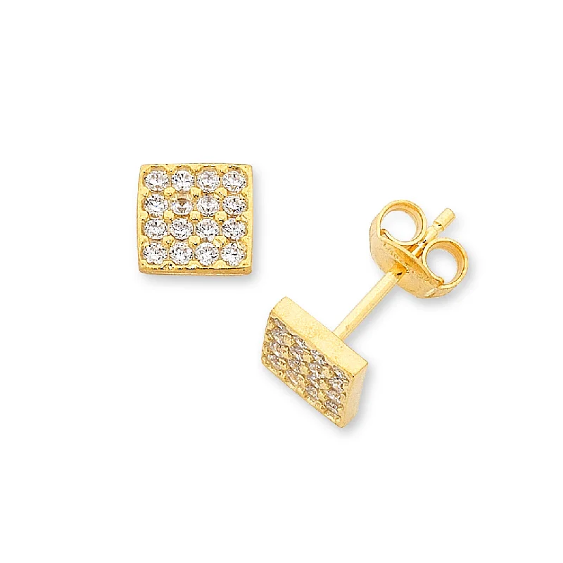 pearl stud earrings for women -9ct Yellow Gold Silver Infused Square Stud Earrings