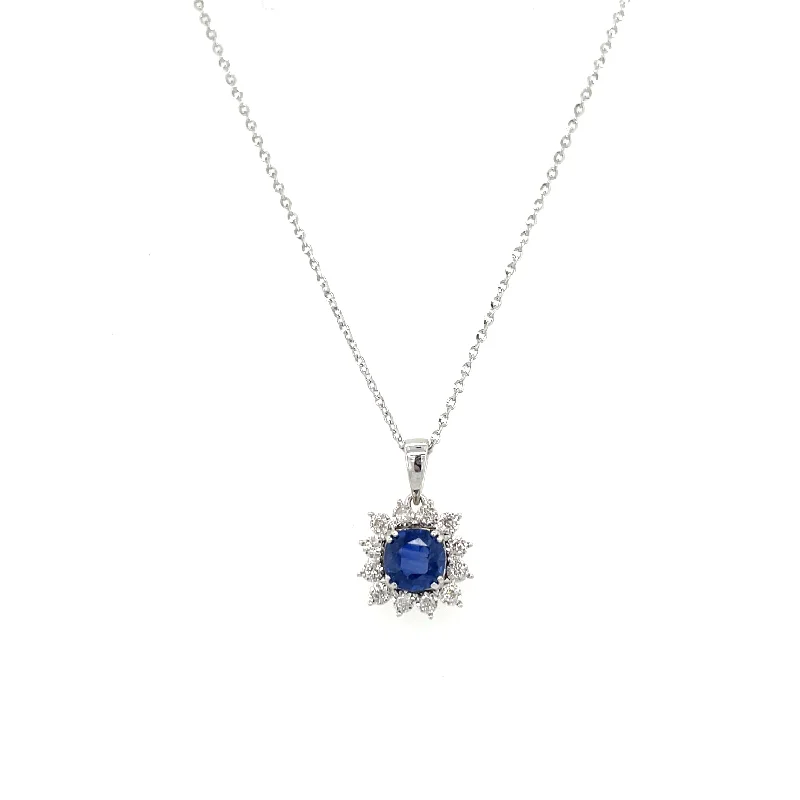 chunky necklaces for women -9ct White Gold 0.86ct Sapphire and Diamond Halo Necklace