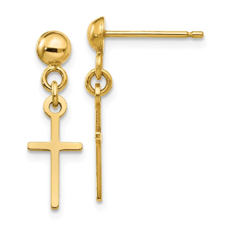 rhinestone earrings for women -Small Polished Latin Cross Dangle Post Earrings in 14k Yellow Gold