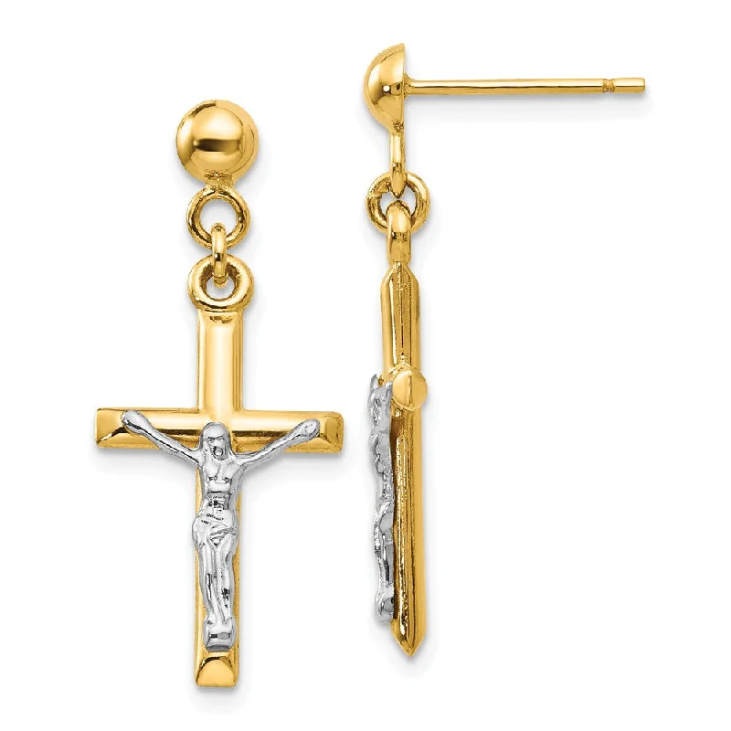 evening earrings for women -3D Hollow Crucifix Dangle Post Earrings in 14k Two Tone Gold