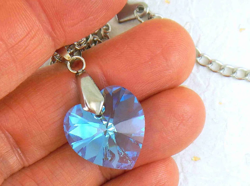 wedding necklaces for women -14/16-inch necklace with 18mm Aquamarine Shimmer faceted Swarovski crystal heart pendant, stainless steel chain