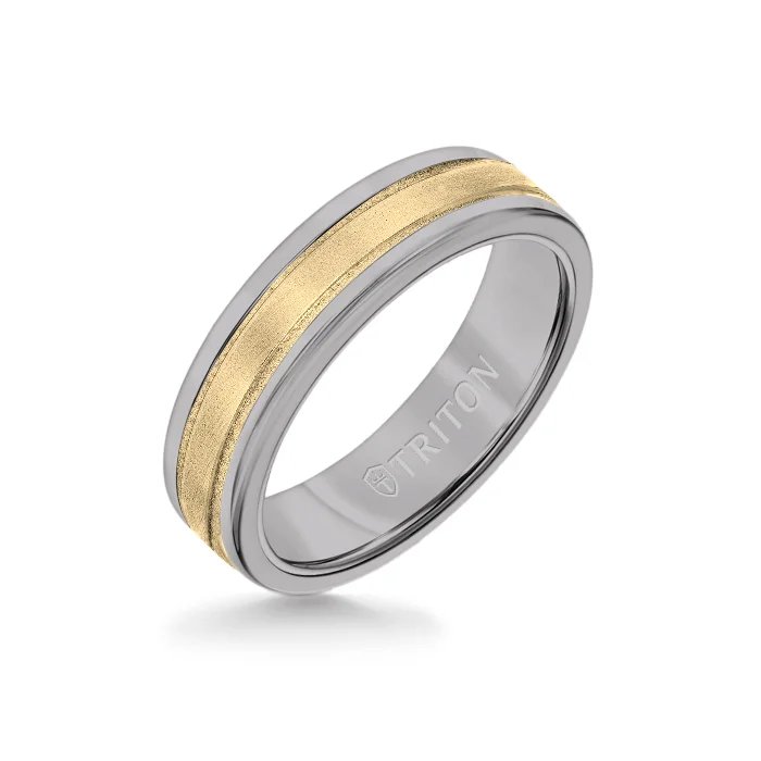 minimalist wedding rings for women -6MM Grey Tungsten Carbide Ring - Step Edge 14K Yellow Gold Insert with Round Edge