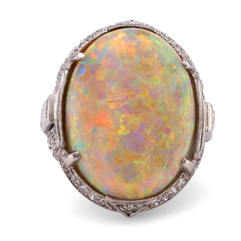 statement rings for women -Art Deco 10 carat opal diamond platinum cocktail ring