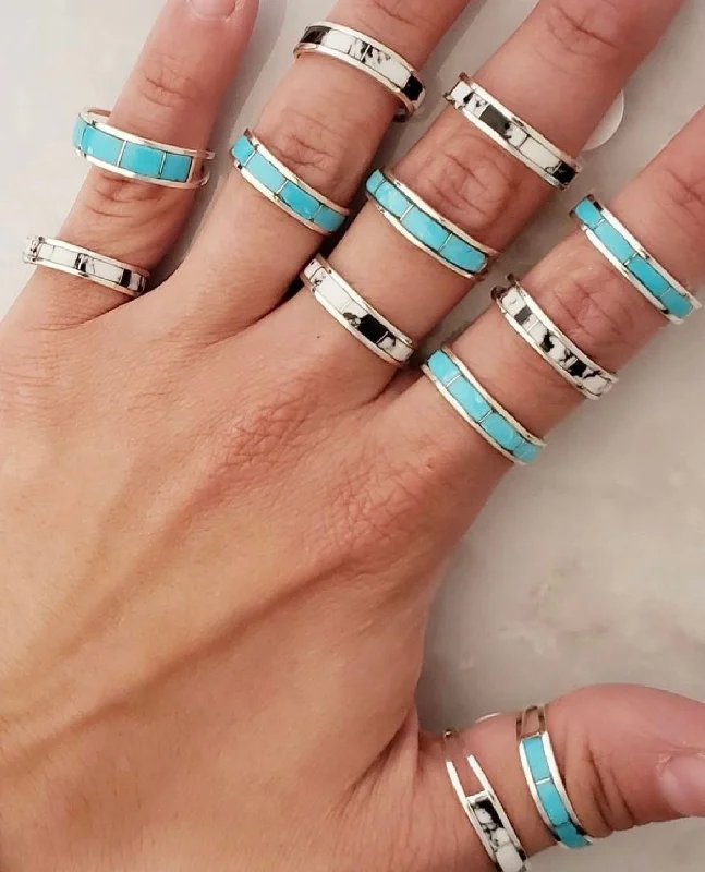 gold rings for women -Stamped Sterling Silver Genuine White Buffalo & Turquoise Inlay Stacker Rings