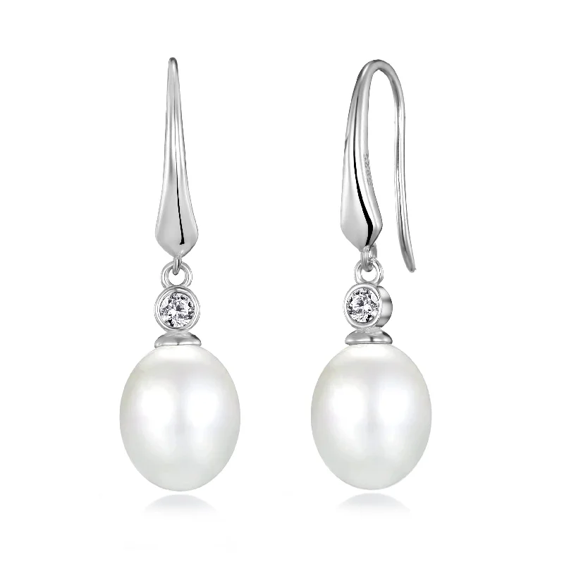 trendy earrings for women -Sterling Silver White Pearl Drop Earrings Created with Zircondia® Crystals