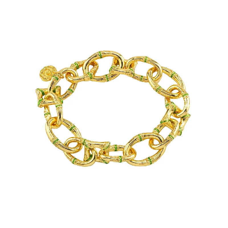 fashion bracelets for women -Bangkok Bamboo Link Bracelet, 7.25" - Gold/Green Enamel