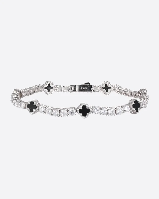 wedding bracelets for women -MOISSANITE BLACK CLOVER TENNIS BRACELET. - WHITE GOLD