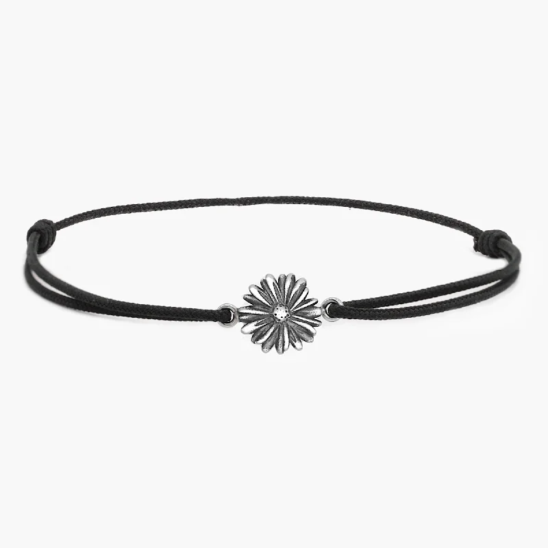 adjustable leather bangles -Rope Bracelet With Sterling Silver Daisy Charm (Black)