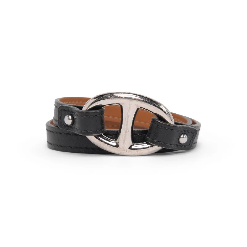 adjustable leather bangles -Hermes Black Swift Granville Double Tour Bracelet