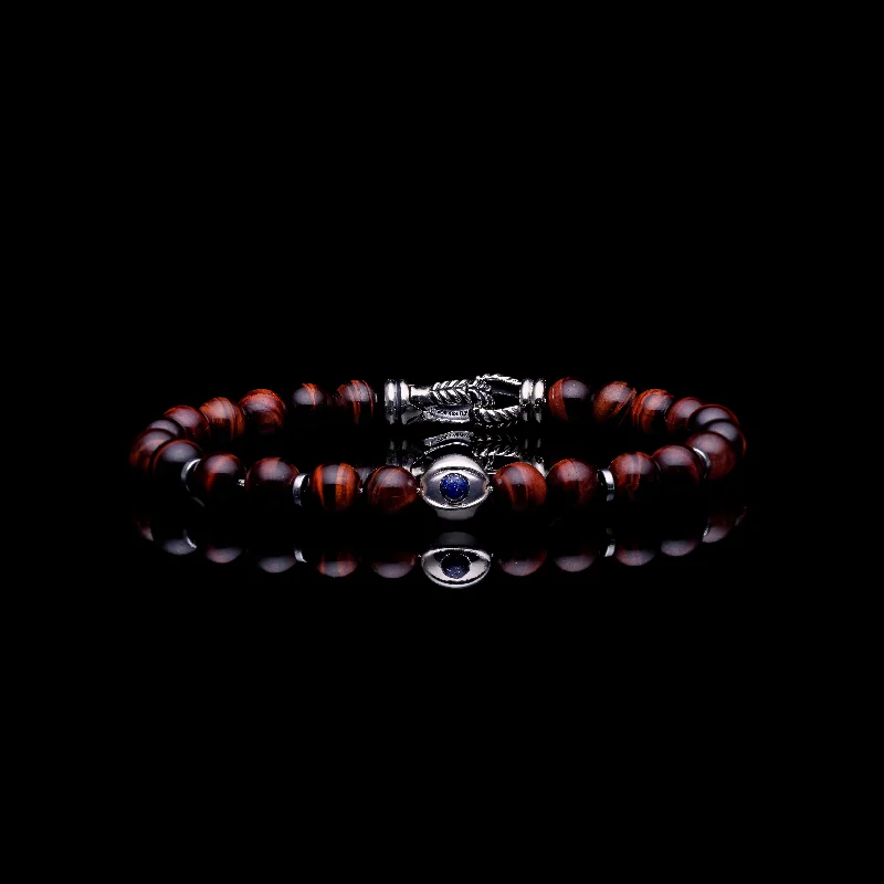 chunky bracelets for women -925 Silver Evil Eye Bracelet | Red Tiger Eye Beaded Bracelet In Laurel Clasp