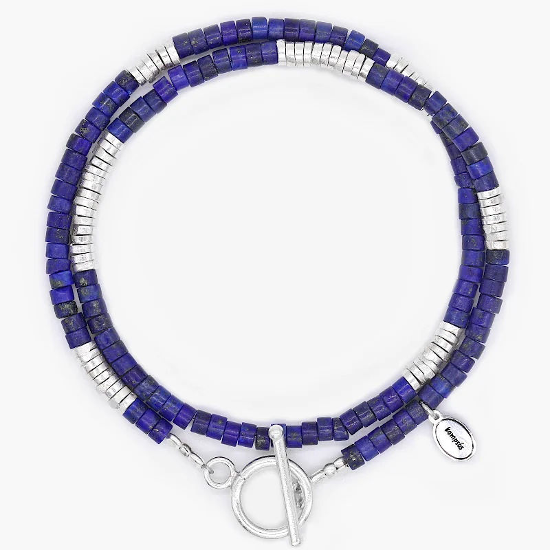 bracelet charm sets for women -Double Laps Bracelet With Sterling Silver And Lapis Beads