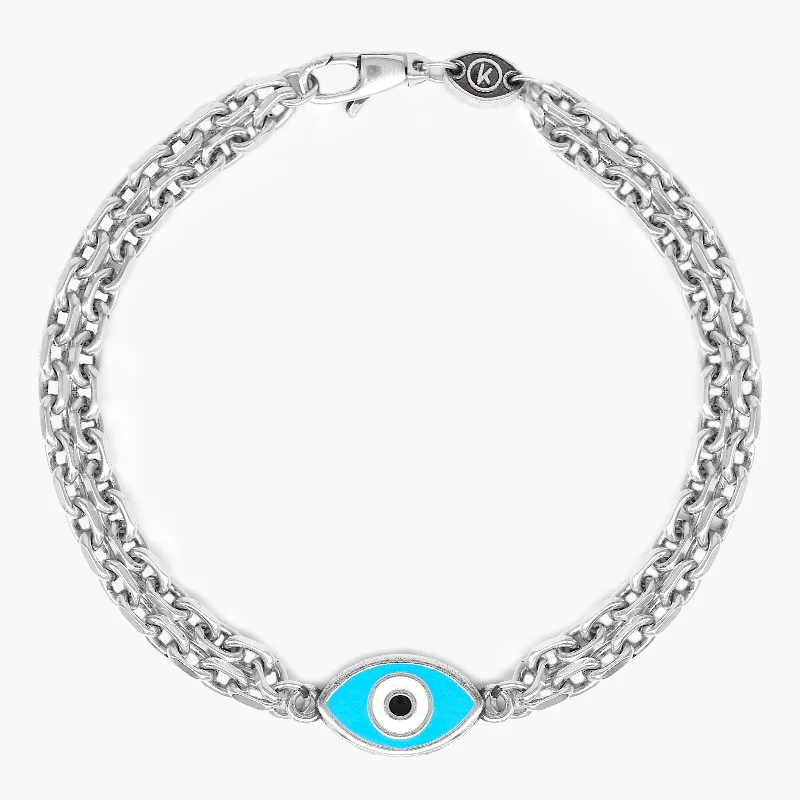 elegant cuff bracelets for women -Sterling Silver Double Chain Bracelet With Evil Eye