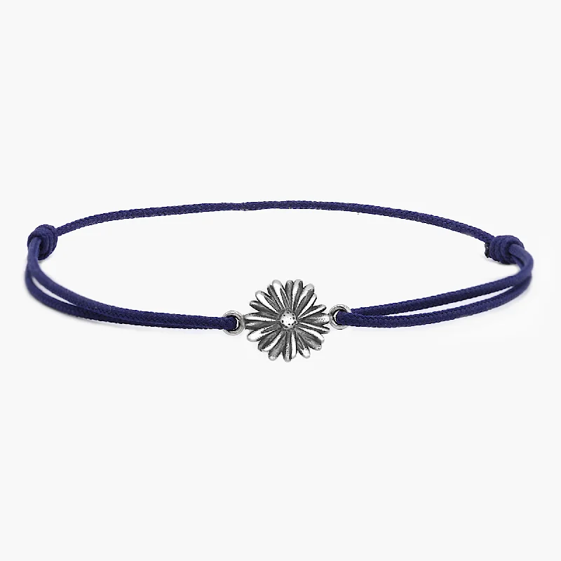 pearl bracelets for women -Rope Bracelet With Sterling Silver Daisy Charm (Navy Blue)