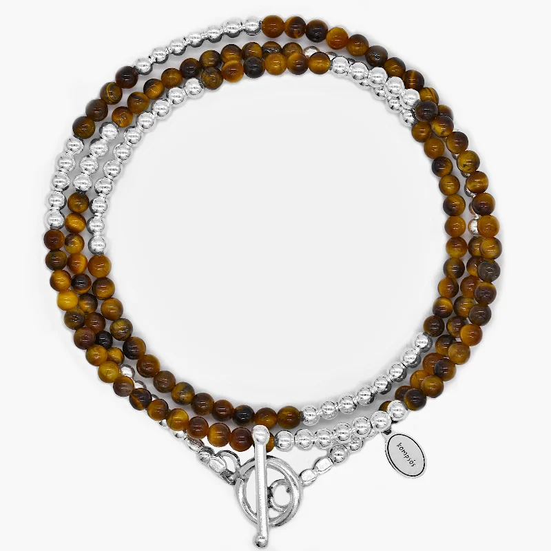 rose gold bracelets for women -3 Laps Bracelet With Natural Tiger Eye And Sterling Silver Beads